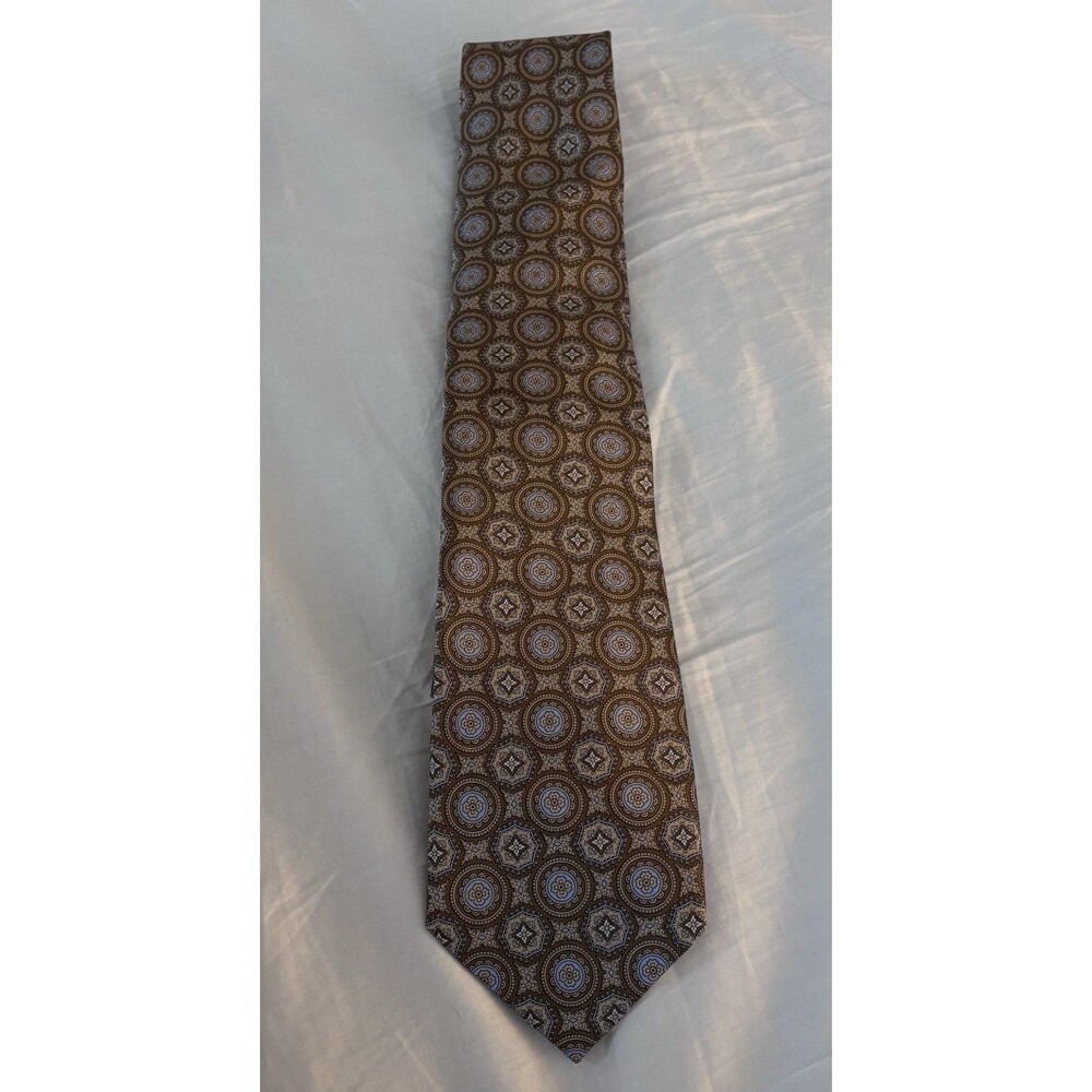 Brioni Mens Silk Tie Brown Blue Medallion Geometric 60” Handmade Italy 3.5”